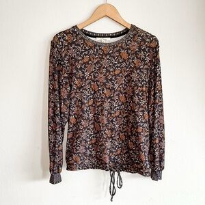Les Serein Floral Dark Gray/Orange/Tan Long Sleeve Tie Front Top Medium